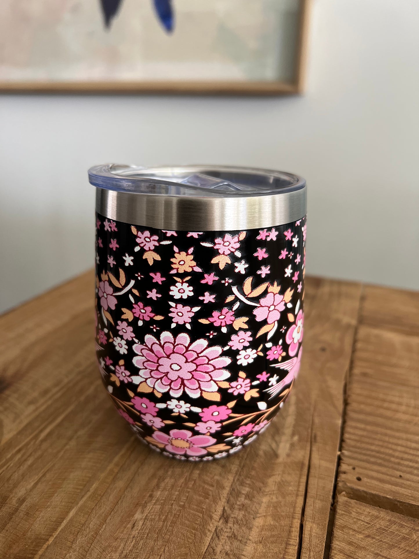 Black + Pink Birdie floral insulated cup